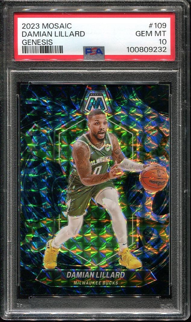 2023-24 Damian Lillard PSA 10 Panini Mosaic Genesis Prizm #109 Milwaukee Bucks