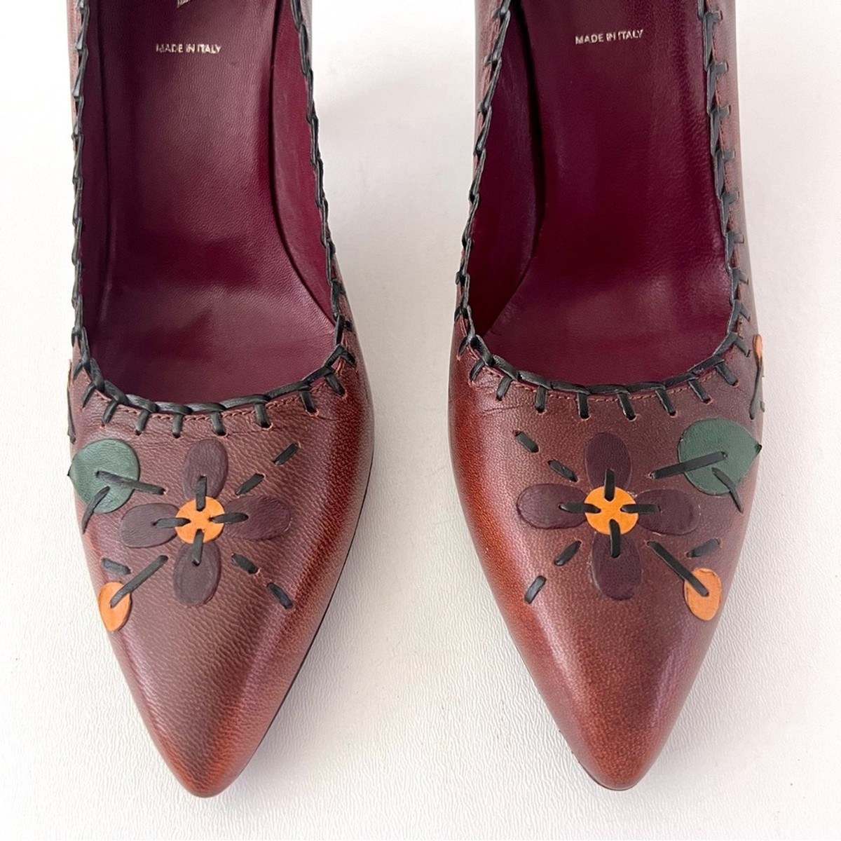 PRADA | Vintage Brown Red Leather Floral Stitch Appliqué Pointed