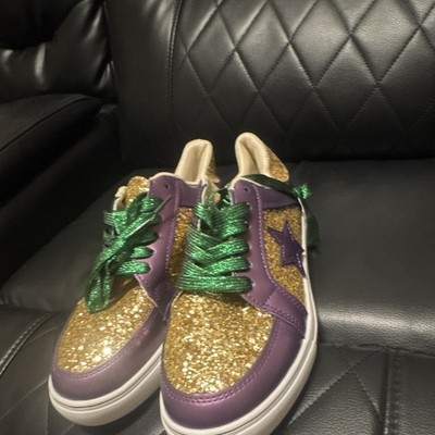 Unisex Adults Athletic Low Top Lace-Up Sneaker Gold Purple Green Glitter Star