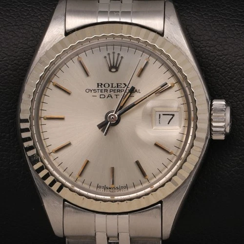 Rolex Date 6917 Fluted Gold Bezel Stainless Steel Watch 26mm Silver Index Dial