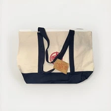 Trader Joe’s Large Canvas Tote - White Navy  with Red  Embroidered 