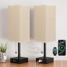 Beige Bedside Table Lamps Set of 2 - Square Bedroom Lamps with 3 Color Temperatu