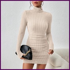 New Solid Dresses Autumn Winter Women Long Sleeves Turtleneck Sexy Bodycon