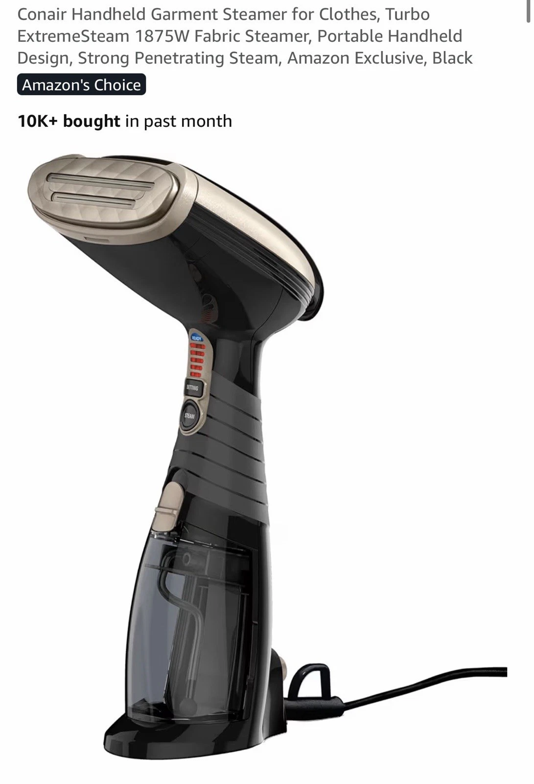 Conair Turbo ExtremeSteam 1875W Garment Steamer Black Ceramic w/ Accessories