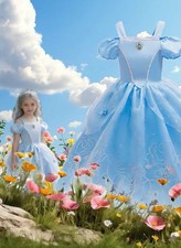 Girls Blue Princess Costume Dress, Embroidered Polyester Dress