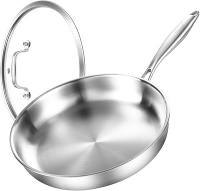 Three-Layer Stainless Steel Frying Pan with Lid, 20 cm, Uncoated Stainless St...