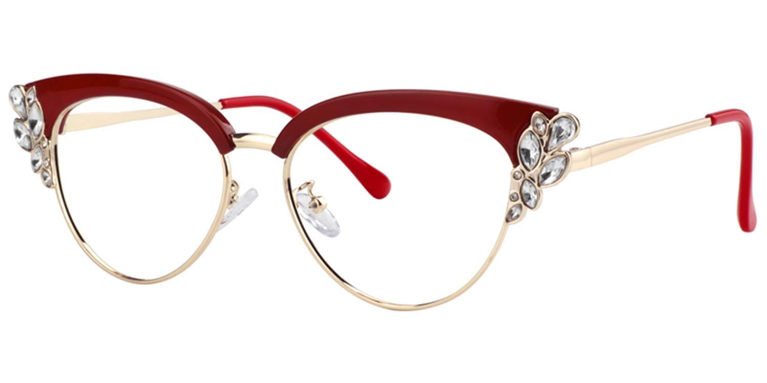 Blue Light Blocking Cat Eye Glasses for Women with Crystal Accents and Red Frame  
