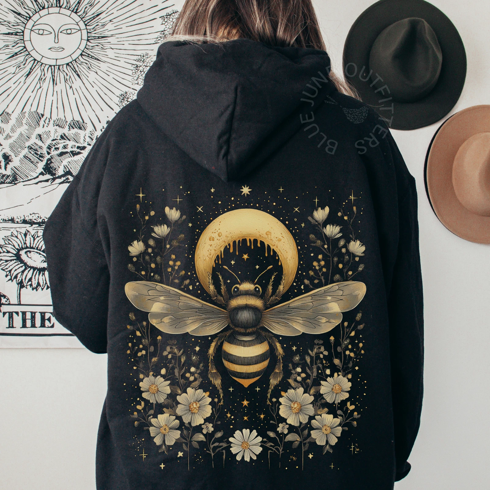 Celestial Boho Bee Hoodie | Cottagecore Bohemian Hooded Sweatshirt | Nature Love