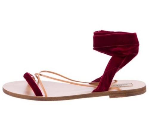 Valentino Garavani Shoes Womens Size 37.5 Red Velvet Lace Up Sandals Italy Flat - Picture 10 of 12