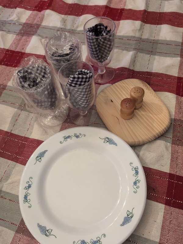 Picnic Basket Set Of 4 Supplies Plates Cups Napkins Cutting Board Salt & Pepper