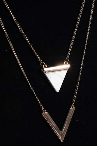 Vintage Marble Golden Chevron Double Strand Necklace Silvertone Chains - Picture 2 of 3