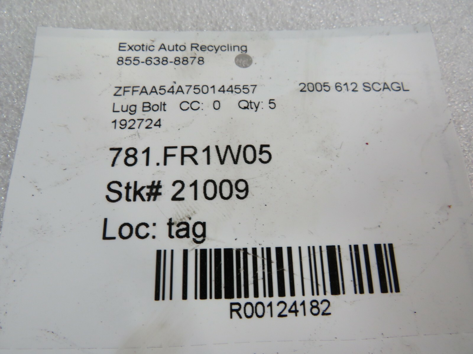 Ferrari 599, F430, 612, Wheel Lug Bolt, Set of 5, Used, P/N 192724