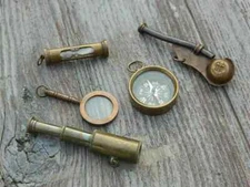 BRASS NAUTICAL GIFT SET-TELESCOPE,COMPASS,MAGNIFIER,BOSUN WHISTLE,SAND TIMER