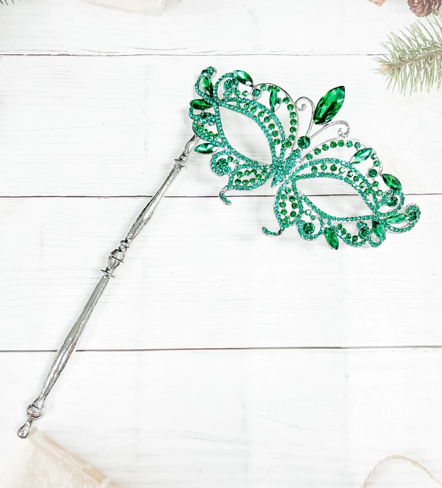 Masquerade Mask with Stick, Wedding Party Silver Mask, Prom Green Crystal Mask - Image 2 of 4