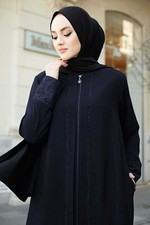 istanbulstyles Women's Abaya Lace Applique Long Sleeve Floor Length Zipper Floor