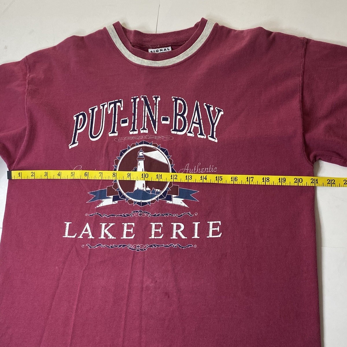 ★HELENE PARIS★ Stamp Remington Ringer Half T-Shirt Pigment Vintage 90's Made In USA T Shirt Ringer 'Put In Bay' Lake