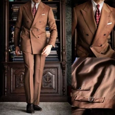British Style Solid Men's Suits Double Breasted Regular Fit Business Jacket Pant