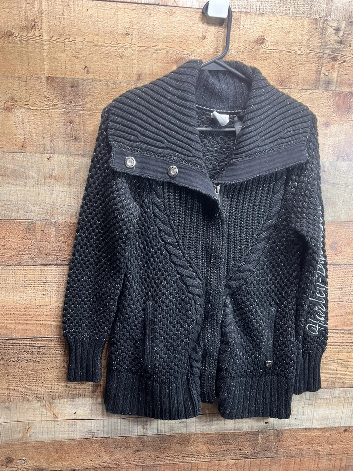 Suéter cárdigan bordado cremallera completa negro y plateado Harley Davidson para mujer S Foto 3 de 4