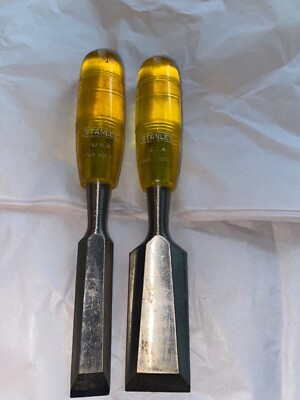 VINTAGE 2 PIECE USA MADE STANLEY YELLOW HANDLE CHISELS