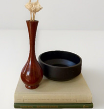 Turned Mahogany Wood Vase  Brass Insert  1.4 lb, 10" Tall Mid Century Modern