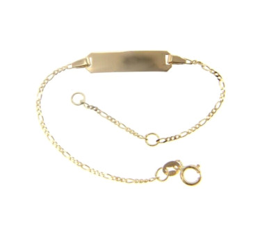 18K YELLOW GOLD CHILD BOY GIRL BABY BRACELET, ENGRAVING PLATE 3+1 CHAIN 4.7-5.5''