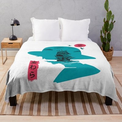 Anime One Piece Luffy Silhouette Ship And Red Sun Japanese Text Fleece Blanket
