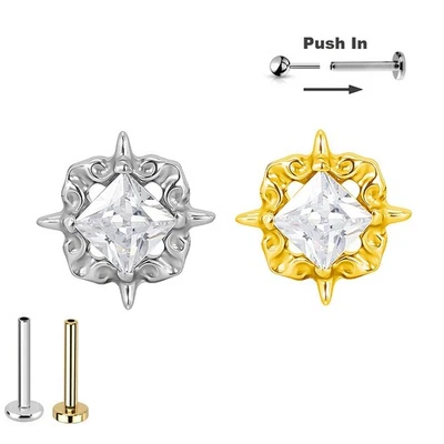 Titan Ornament Eckiger Kristall Steck Labret Ohr Helix Piercing Push Pin Gold - Bild 1 von 4