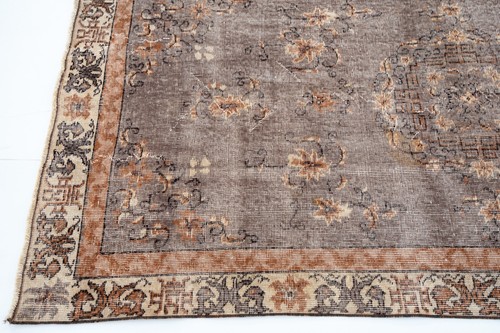 Vintage Turkish Area Rug 4x7 Handmade Wool Carpet with Faded Brown Medallion - Picture 6 of 9