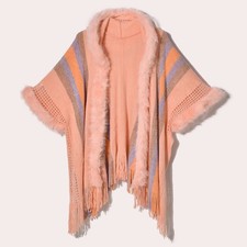 Lady Ethnic Faux Fur Collar Hooded Knitted Shawl Striped Tassel Cape Cloak