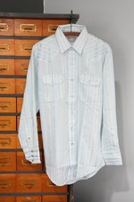 Vintage H Bar C Ranchwear Shirt Mens L Western Pearl Snap 80s light blue striped