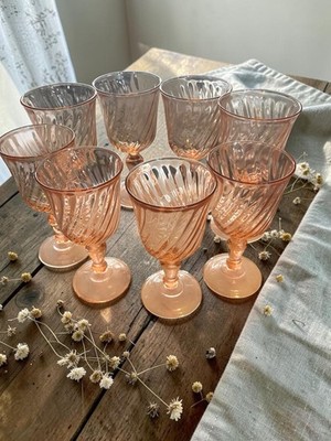 8 Pc Set Arcoroc France Rosaline Optic Pink Swirl 4 Water & 4 Wine Glasses Mint