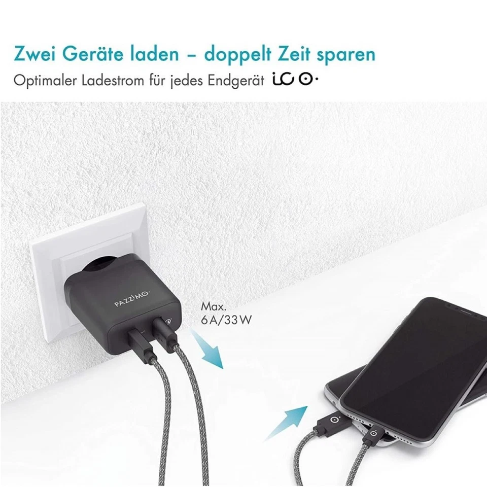 Pazzimo Netz-Ladegerät 6A USB-C + USB-A Qualcomm Quick Charge QC 3.0 Netzteil - Bild 4 von 4