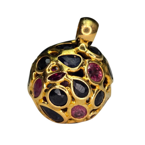 Vintage Ruby & Sapphire 14K Yellow Gold Orb Sphere Ball Cluster Pendant 5.1g - Picture 5 of 6