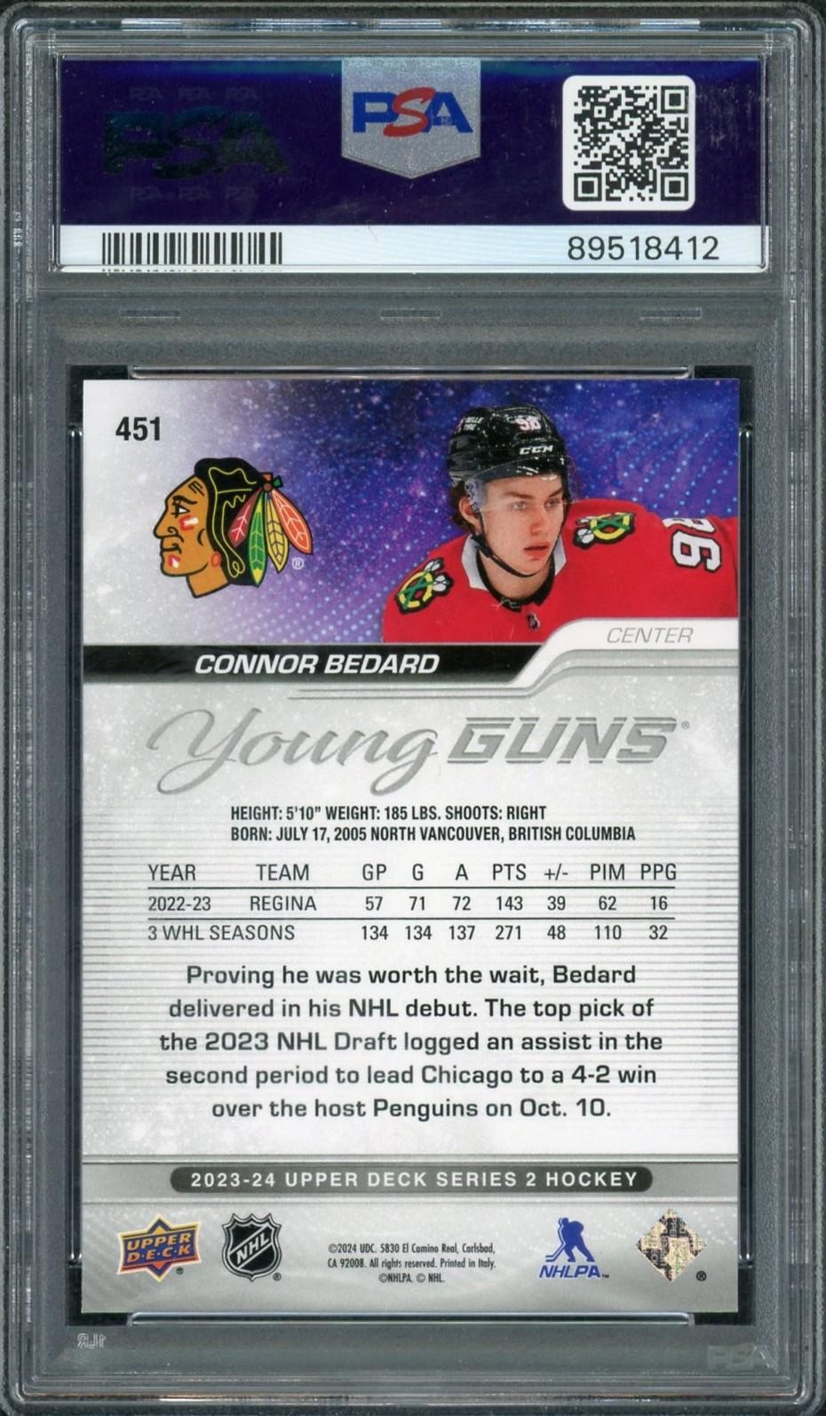 2023-24 Upper Deck Connor Bedard Young Guns #451 Rookie PSA 10 view 2