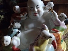 Vintage Chinese Laughing Buddha Porcelain Figurine with Children 