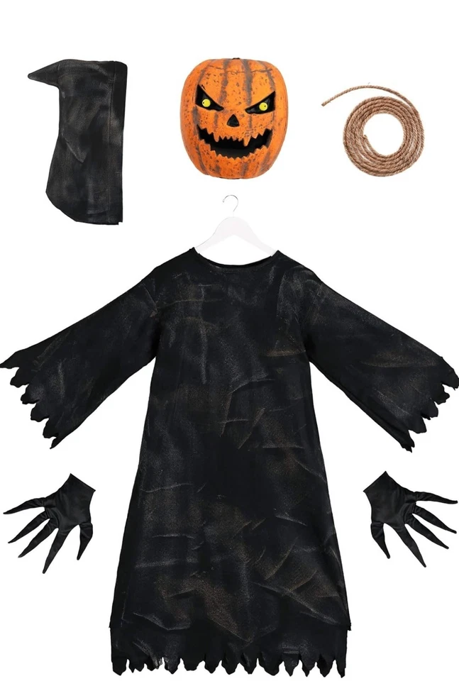 Bobblehead Pumpkin Child Costume Boys Mask Robe Hood Gloves Scary Sz Medium 8-10 - Image 2 of 4