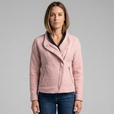 Zara Trafaluc Outerwear Tweed Pink Asymmetrical Zip Moto Jacket Blazer Sz Medium