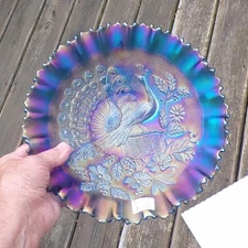 RENNINGER BLUE CARNIVAL GLASS  "PEACOCKS on the FENCE"  PCE RUFFLED BOWL