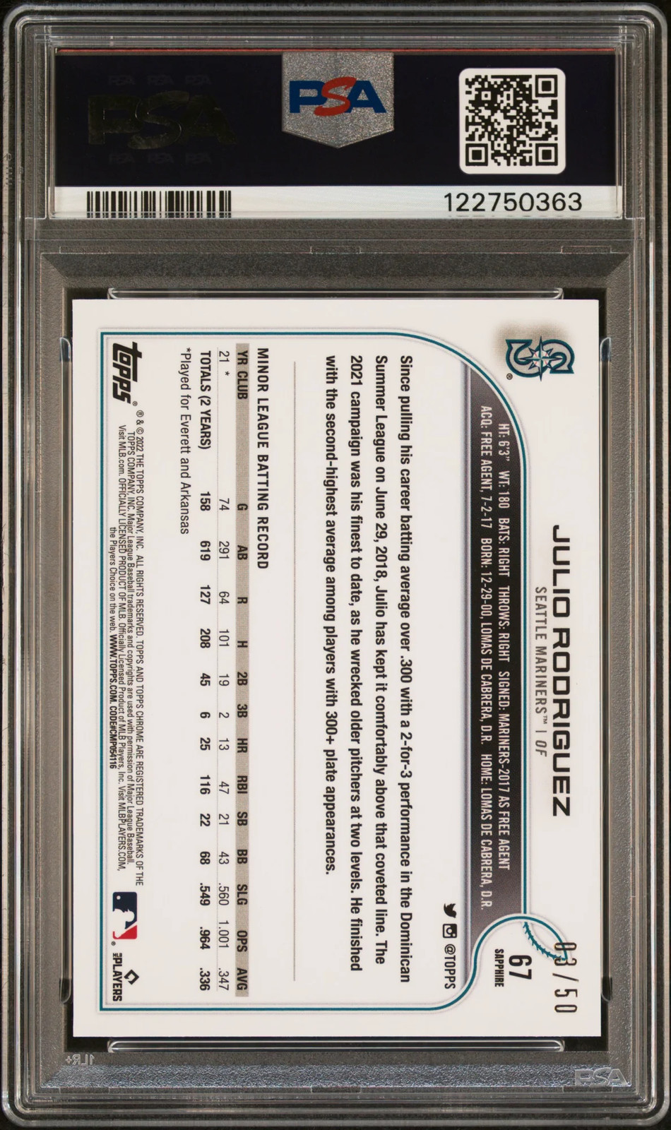 2022 Topps Chrome Sapphire Edition Julio Rodriguez #67 Gold PSA 9 view 2