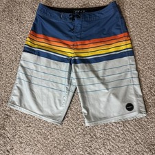 O'Neill Shorts Mens 34 Blue Gray Stripe Board Shorts Swim Trunks Drawstring