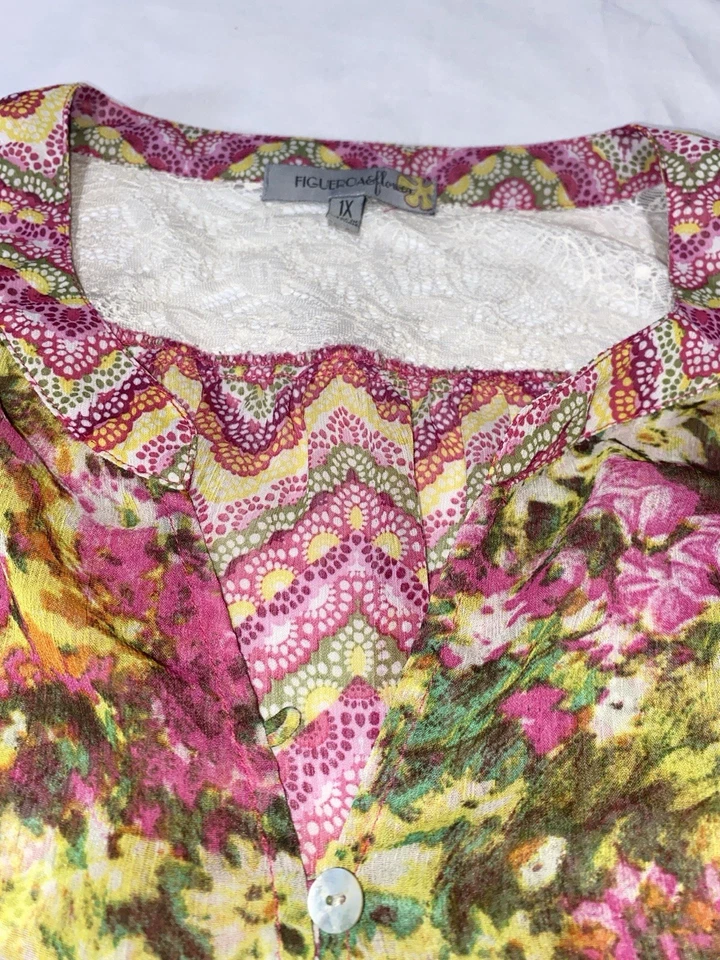 Blusa Figueroa y Flor Transparente 1X Rosas/Verdes/Amarillos Crochet Vibrante Feliz B44 Foto 4 de 4