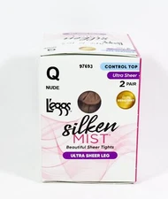 L'eggs Silken Mist Pantyhose Ultra Sheer Leg Control Top NUDE Size Q 2 pair