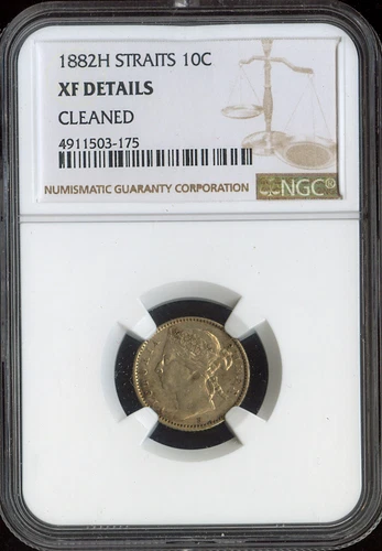 1882-H Straits Settlements 10 Cents NGC XF Details Quality