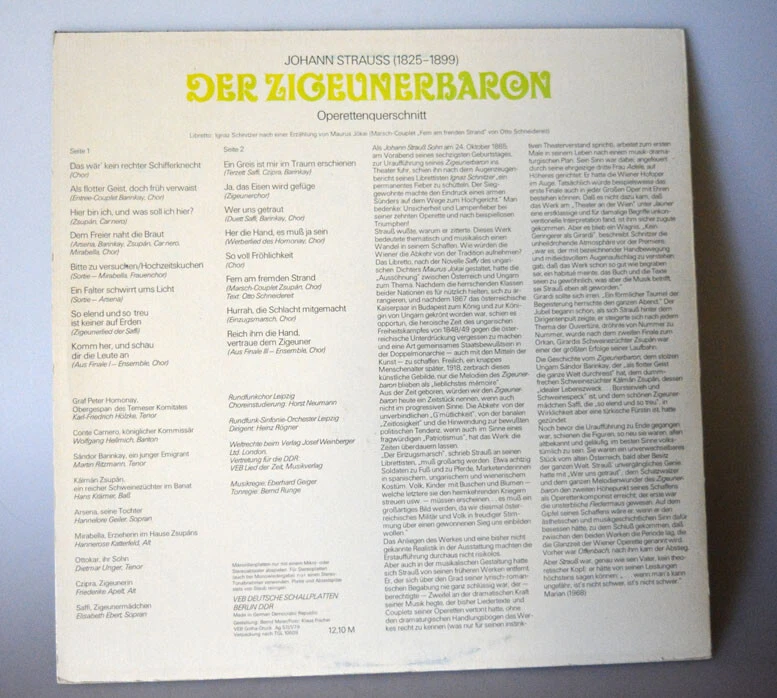 LP Vinyl Amiga Der Zigeunerbaron 1979 Operettenquerschnitt Orchester Leipzig - Bild 2 von 3