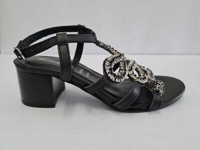 Anna Foglia Damen Leder Sandalen mit Riemchen und Accessoire - SCHWARZ (Schwarz)
