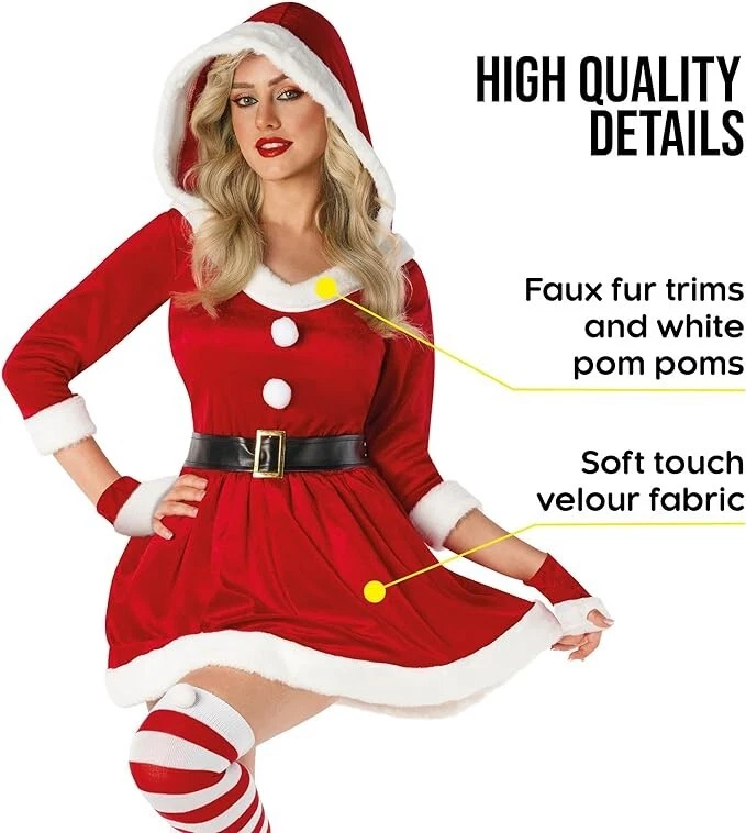 Fantasia feminina Miss Claus meias luvas adulto vestido de Natal senhora Papai Noel P - 3XL - Imagem 4 de 4