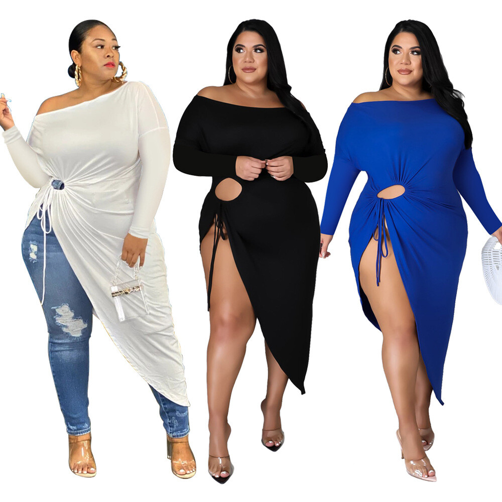 New Plus Size Women Long Sleeves Drawstring Patchwork Solid Loose Club Dress  | eBay