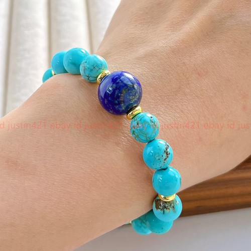 Natural 2 Pcs 8mm Turquoise Lapis Lazuli Gemstone Reiki Healing Bracelet 7.5in - Picture 3 of 12