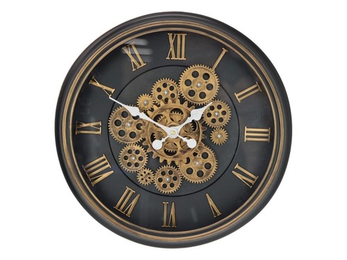 43cm Black & Gold Wall Clock with Moving Cogs Silent