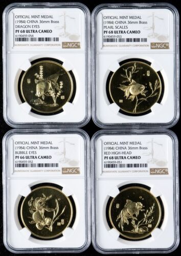 Shanghai Mint 1984 China brass medal goldfish NGC PF68&amp;66 Set China coin,RARE!